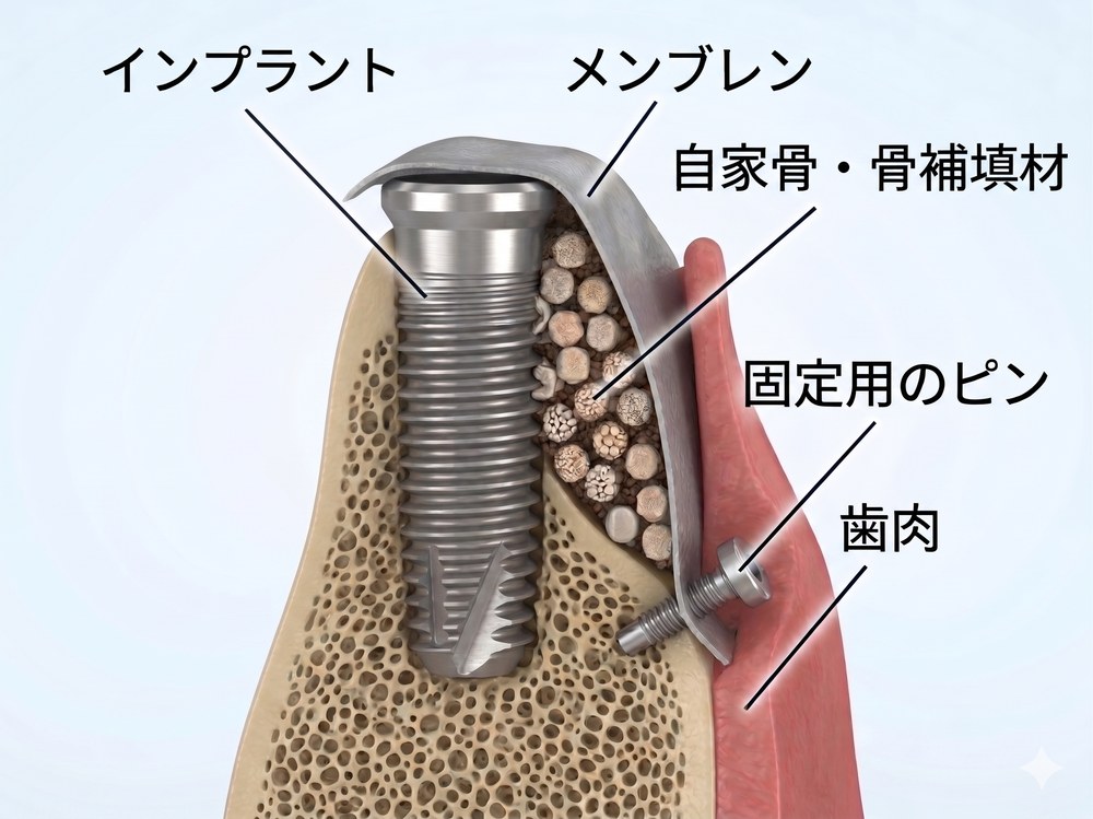 GBR（骨誘導再生法）の図解 — インプラント・メンブレン・自家骨/骨補填材・固定用ピン・歯肉の関係