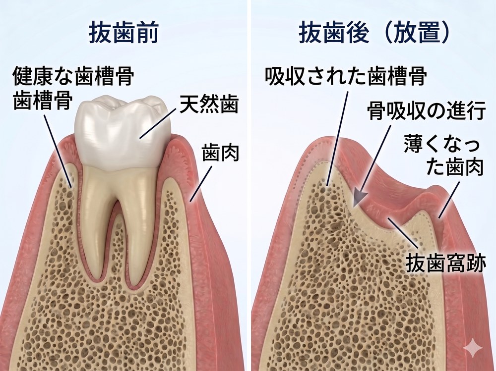 抜歯前と抜歯後（放置）の比較図 — 歯槽骨の吸収・歯肉の薄化・抜歯窩跡の進行